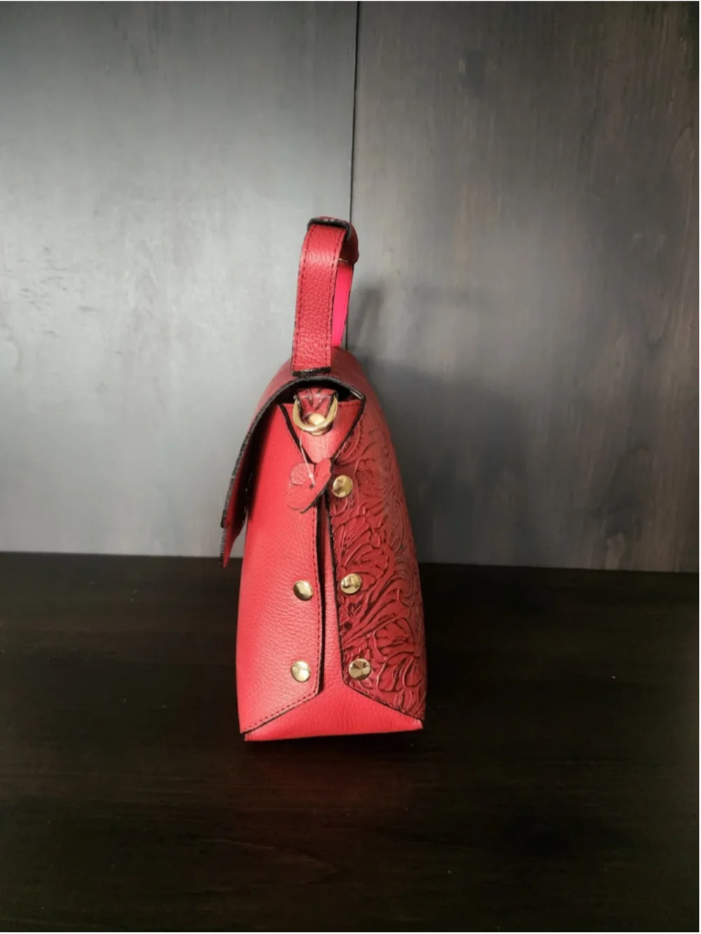 Red Floral Studded Embossed Artisan LEATHER Purse Handbag Crossbody Bag
